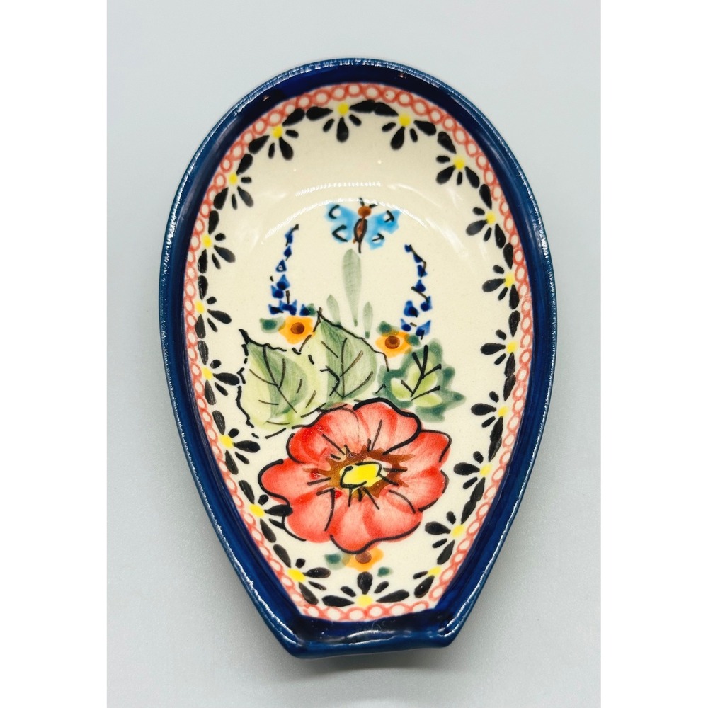 Ceramika Artystyczna Polish Potter Spoon Rest Blue Red Floral Anna Budka